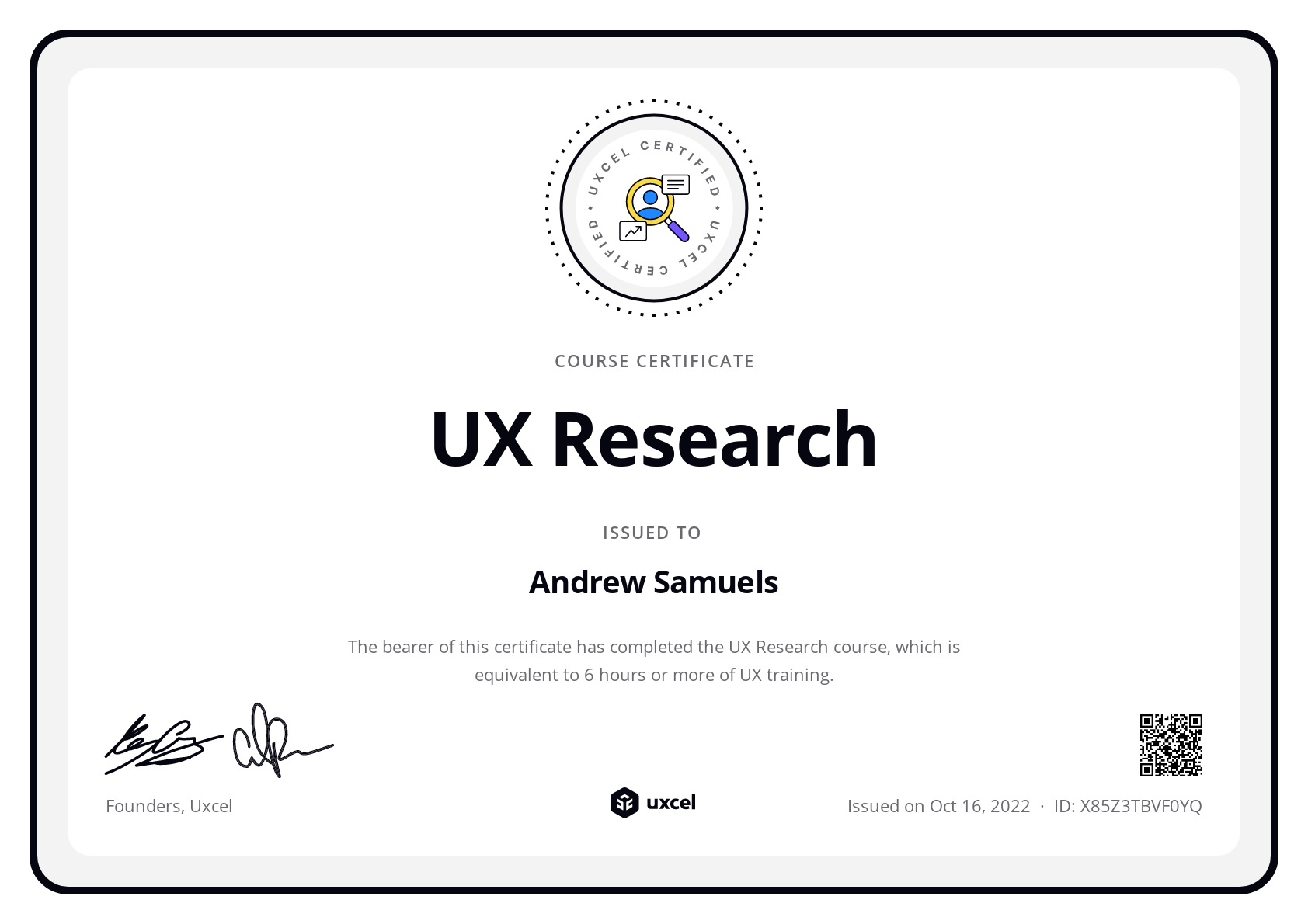 Andrew Samuels's certificate